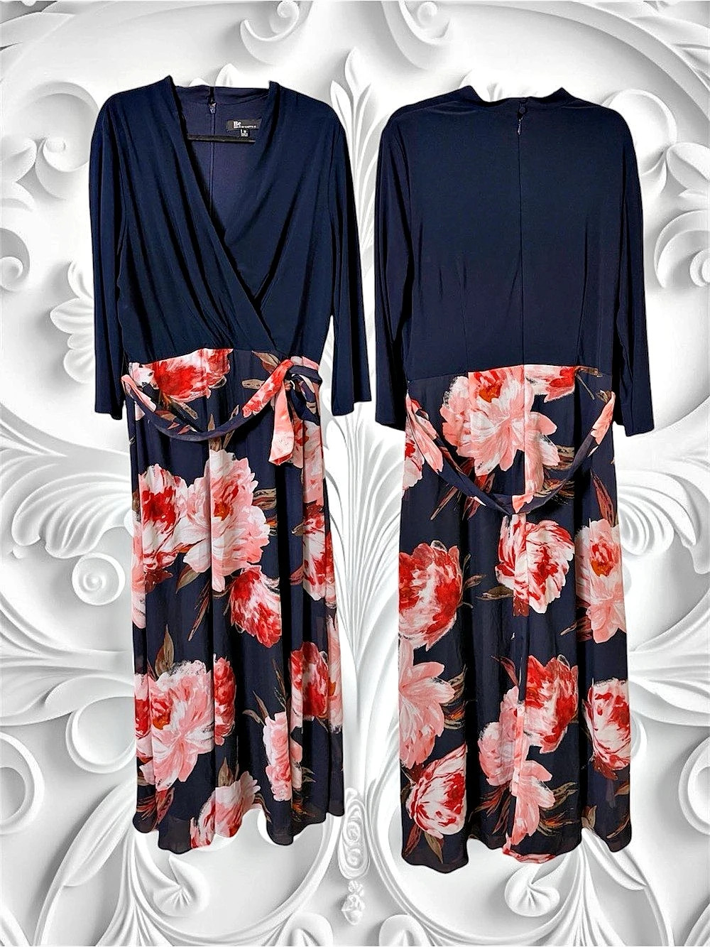 Be by Chetta B Women’s 18 Floral Faux  Wrap Maxi Dress Blue & Pink